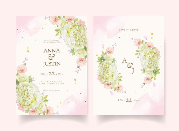 Wedding invitation with watercolor roses and hydrangea