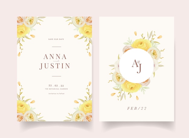 Vector wedding invitation with watercolor roses ranunculus and anemone flowers