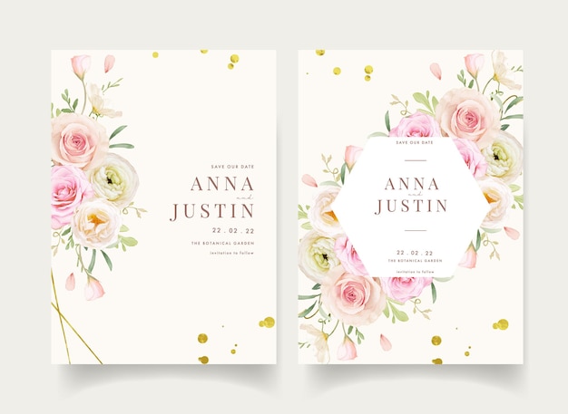 Wedding invitation with watercolor roses and ranunculus