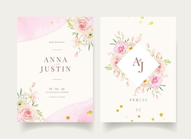 Wedding invitation with watercolor roses and ranunculus