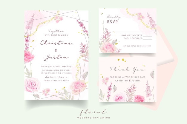 Wedding invitation with watercolor roses