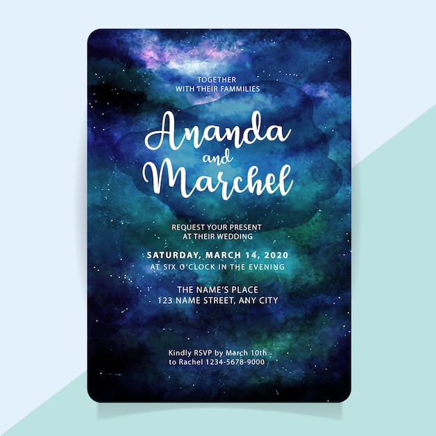 Vector wedding invitation with watercolor starry night