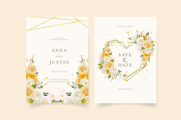 Vector wedding invitation with watercolor yellow rose  lily  and ranunculus flower