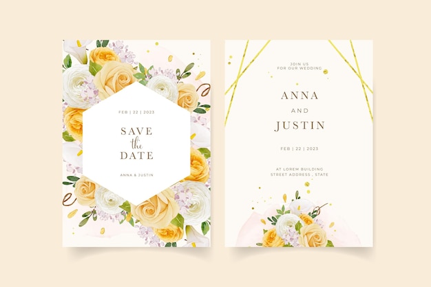 Vector wedding invitation with watercolor yellow rose  lily  and ranunculus flower