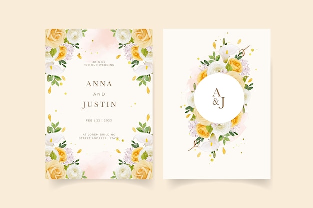 Vector wedding invitation with watercolor yellow rose  lily  and ranunculus flower