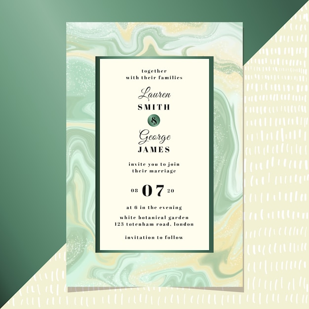 Wedding invitation with yellow green marble background