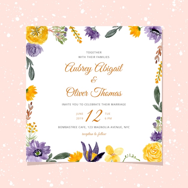 結婚式招待状、黄色の紫色の水彩花のフレーム