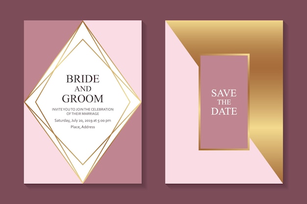 Wedding invitations or card templates with modern golden and pink geometric borders and frames