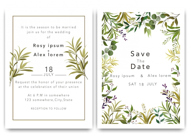 ベクトル 結婚式の招待状は、エレガントな庭のアネモネと日付カードのデザインを保存します。