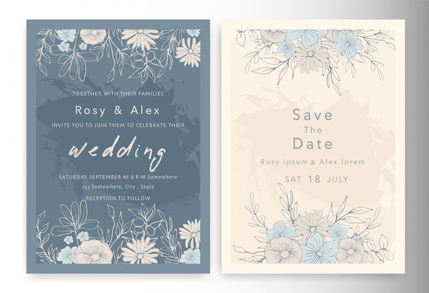 ベクトル 結婚式の招待状は、エレガントな庭のアネモネと日付カードを保存します。