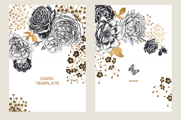 Wedding invitations templates cards with flowers peonies.