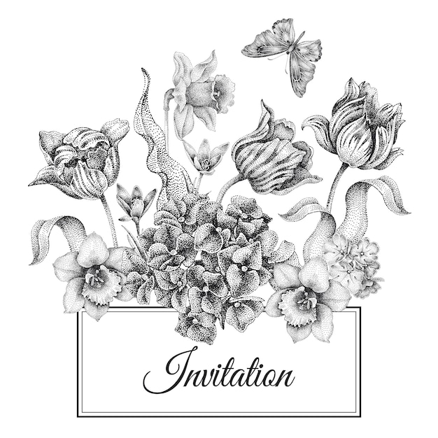Modelli di inviti di nozze carte con fiori tulipani ortensia narciso e farfalla