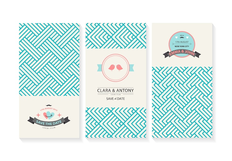 Vector wedding invitations with retro geometric backgrounds