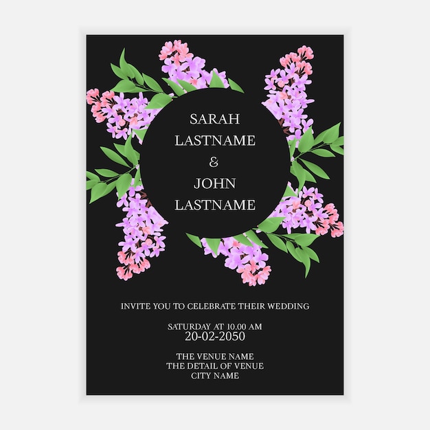 Wedding invite card with lilac flower wreath