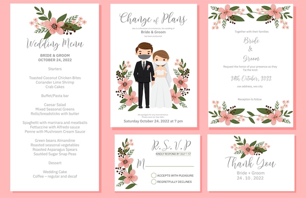 Vettore invito a nozze, menu, rsvp, etichetta di ringraziamento salva la data card design