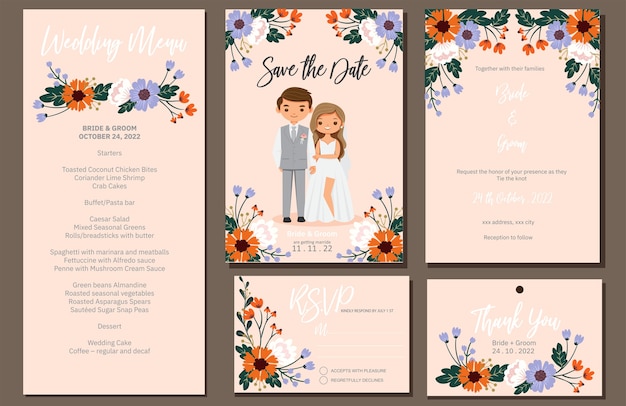 Wedding invite, menu, rsvp, thank you label save the date card
