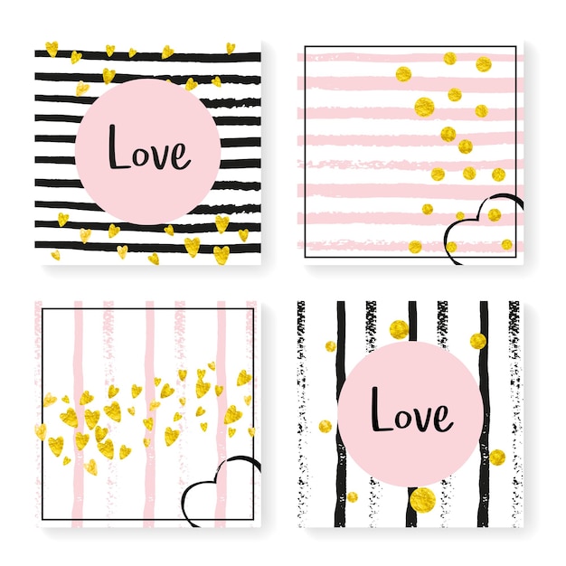 Wedding invite set with glitter confetti and stripes Gold hearts and dots on black and pink background Template with wedding invite set for party event bridal shower save the date card