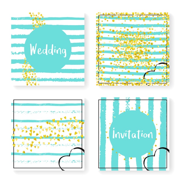 Wedding invite set with glitter confetti and stripes. Gold hearts and dots on mint and white background. Design with wedding invite set for party, event, bridal shower, save the date card.