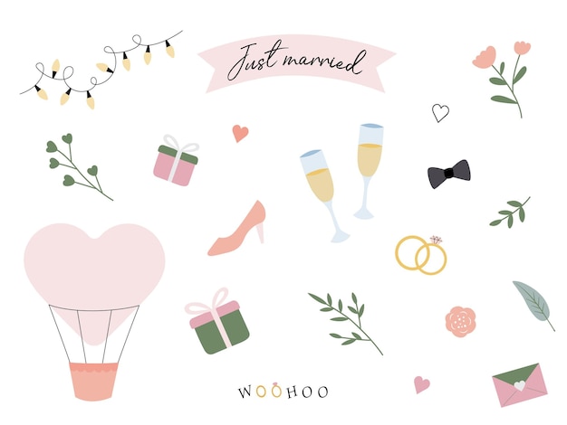 ベクトル 結婚式のアイテムは、結婚したばかりセット フラット手描きスタイルのベクトル図グリーティング カード、招待状、結婚式の装飾の要素