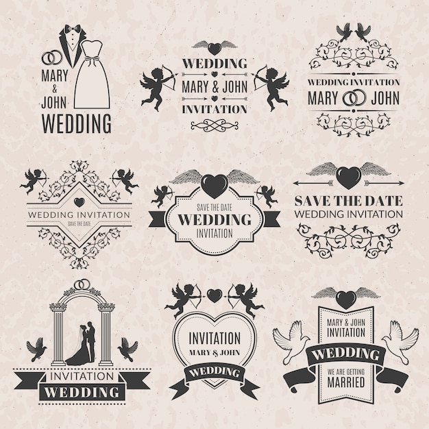 Wedding labels set in victorian style. Monochrome pictures set for badges or logos