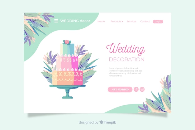 Wedding landing page with colorful cake