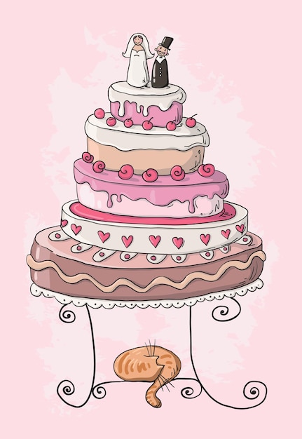 Мультфильм свадебный многослойный украшенный торт