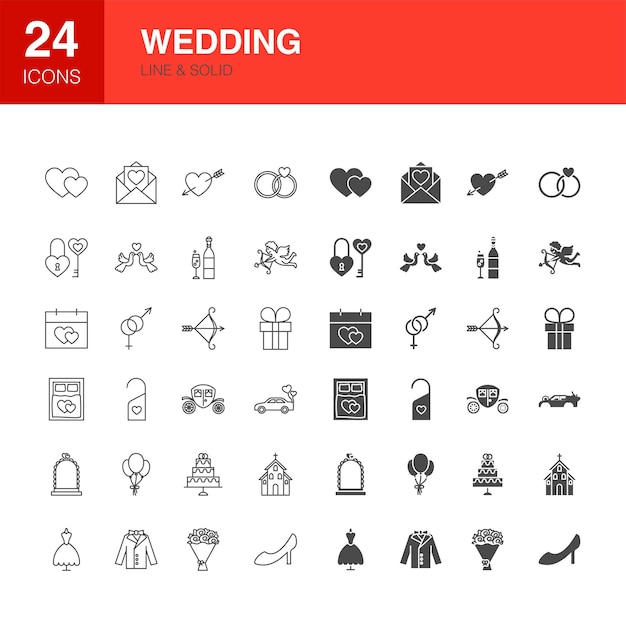 Wedding Line Web Glyph Icons. Vector Illustration of Love Outline and Solid Symbols.