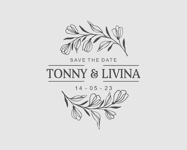 Wedding logo with minimalist leaf frame