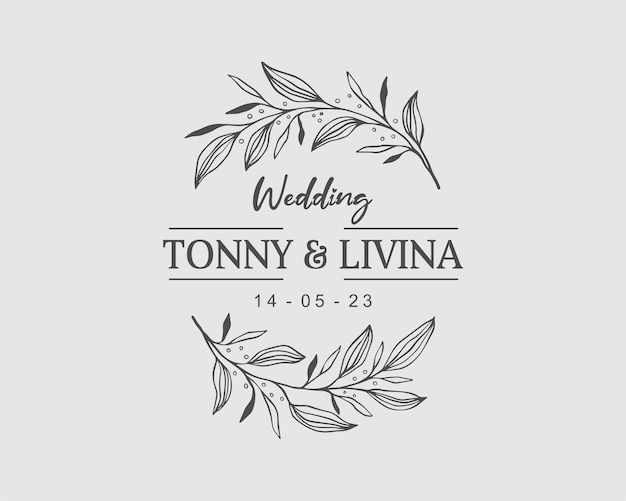 Wedding logo with minimalist leaf frame