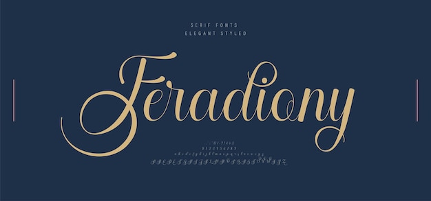 Carattere di lettere dell'alfabeto di lusso per matrimoni con code tipografia corsivo elegante classico caratteri serif e numero decorativo vintage retrò per logo branding illustrazione vettoriale