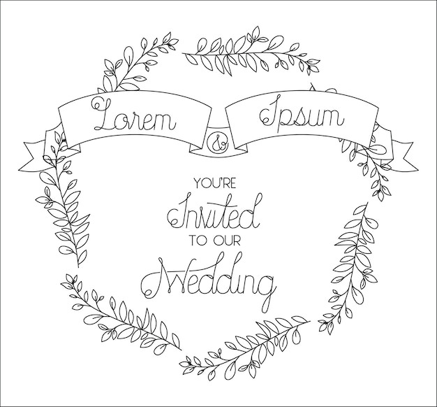 Vector wedding and married invitation with wreath and ribbon