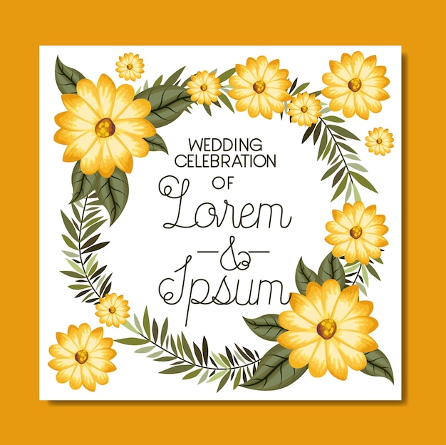 wedding and married invitation with wreath and ribbon