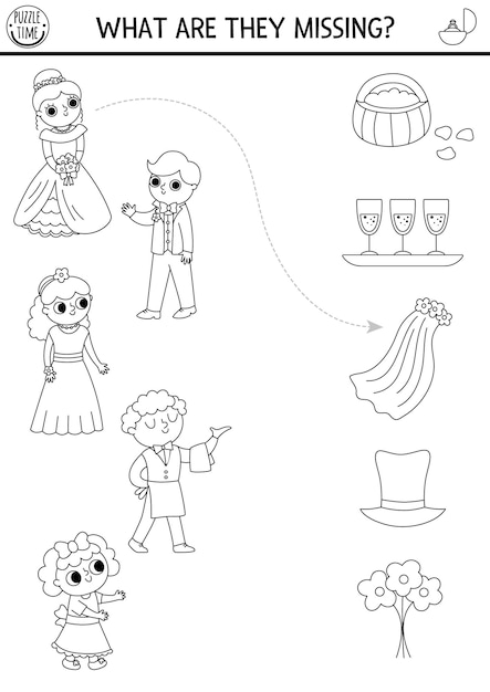 結婚式 黒と白のパズル 失われた物体をマッチする 印刷可能なワークシート マッチアップカラーページ