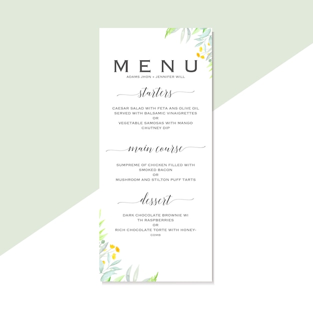 Modello del menu di nozze con i fiori disegnati a mano dell'acquerello