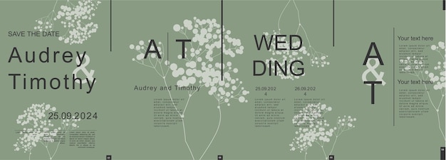 트렌디한 미니멀 타이포그래피 디자인으로 현대적인 웨딩 배너 포스터 템플릿에 우아한 추상적인 간단한 꽃 가지 실루과 문자 요소를 포함하여 예의 서명