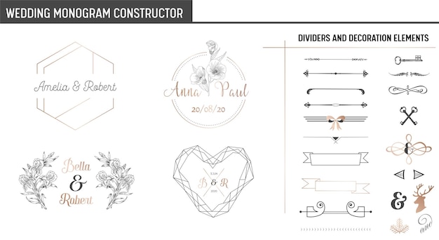 Vector wedding monogram constructor, modern minimalistic collection of templates for invitation cards, save the date, logo identity in vector