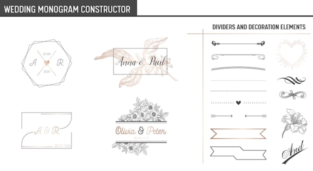 Wedding Monogram Constructor, Modern Minimalistic Collection of templates for Invitation cards, Save the Date, Logo identity in vector