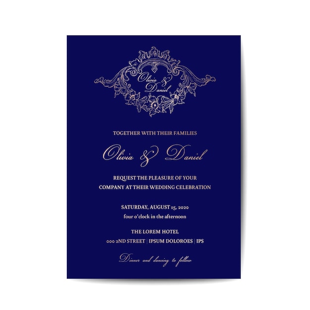 結婚式のモノグラムヴィンテージ招待カード、日付テンプレートを保存、ベクトルでゴールデンフォイルデザイン
