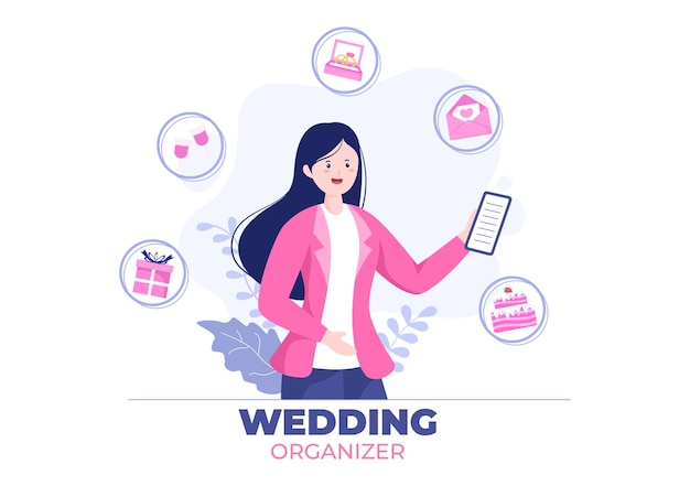 Wedding organizer illustration providing decoration service or making plans before married ceremony