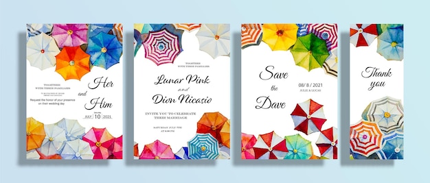 Vector wedding paintings umbrella set invitation card with watercolor seascape