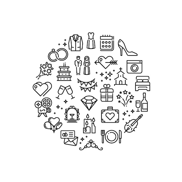 Wedding party fun outline vector icons