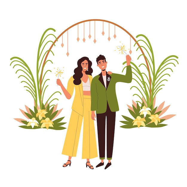 Vector wedding party in the style of hawaii. a tropical arch for the ceremony. the bride and groom in yello