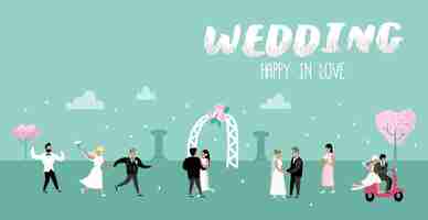 Vector wedding people cartoons bride and groom characters poster card