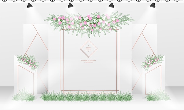 Vector wedding photocall background design with white and rose gold color theme.