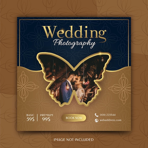 Vettore sessione di fotografia di matrimonio modello di post banner per social media di design pubblicitario di lusso dorato