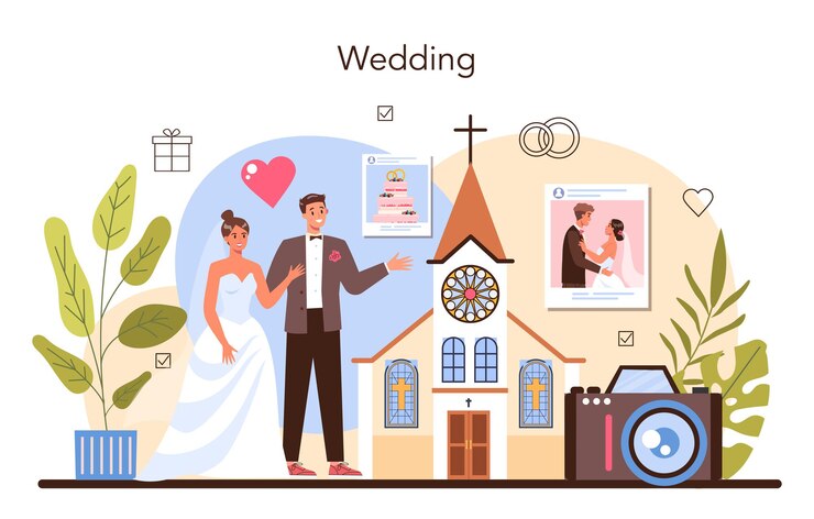 Vector ウェディングプランナー。結婚式のイベントを計画しているプロの主催者。花嫁と婚約者のマリアージュの調整、結婚式の計画。フラットベクトルイラスト