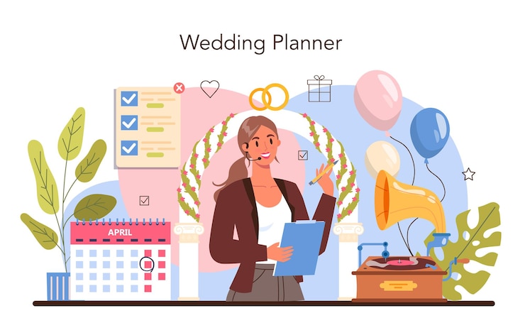 Vector wedding planner. professional organizer planning wedding event.