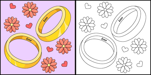 Vector wedding rings coloring page colored illustration