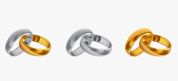 Wedding rings set of gold and silver metal  isolated on a white background vector illustration.