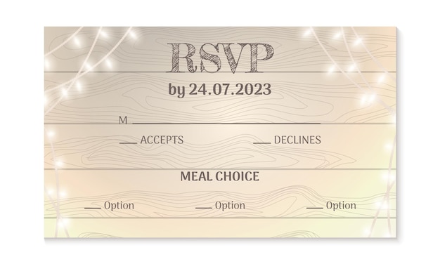 Wedding RSVP card template light wood texture and fairy light rustic look